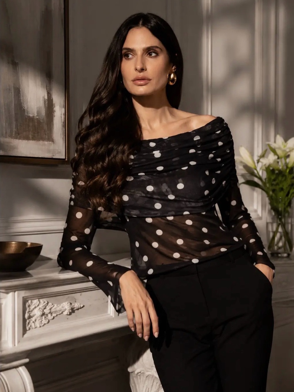 Black Polka Dot Off-Shoulder Sheer Top